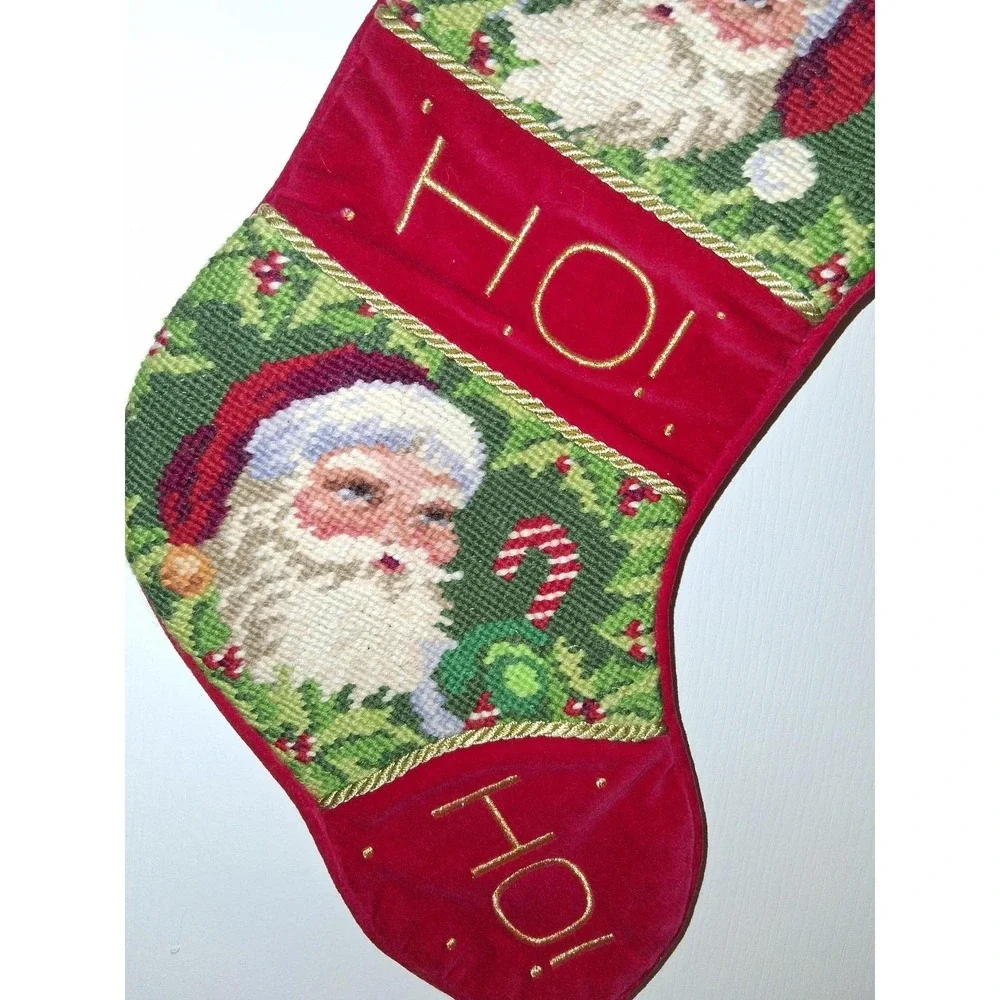 Vintage Needlepoint Santa Christmas Stocking Large Red Velvet HO HO HO Holiday